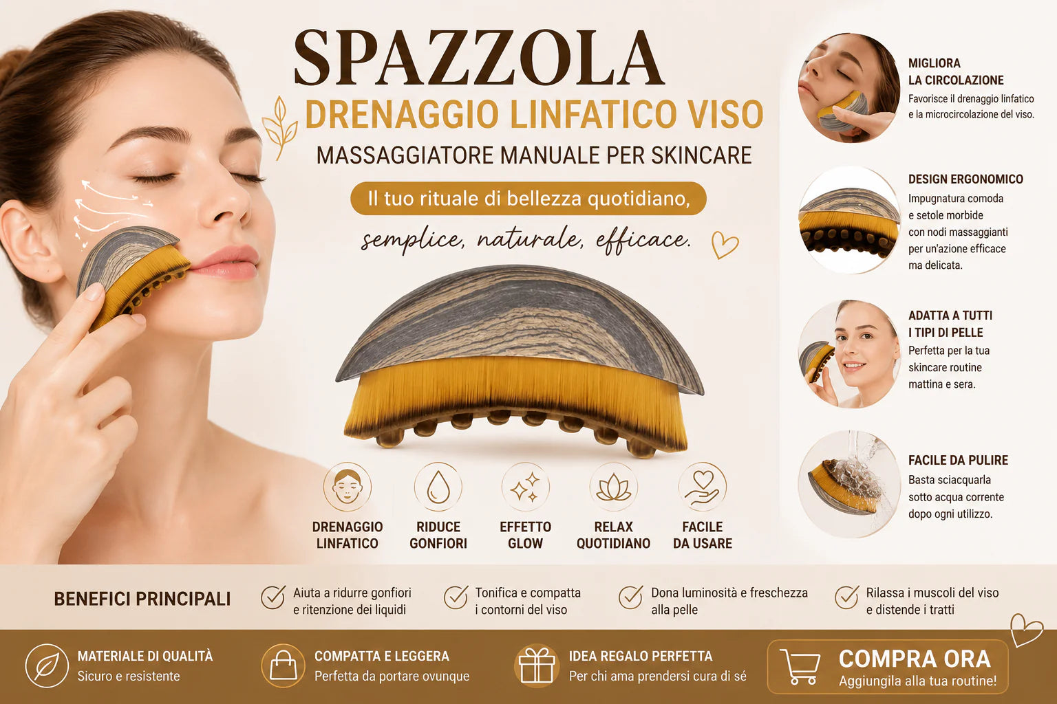 Spazzola drenaggio linfatico viso massaggiatore manuale per skincare effetto glow e relax quotidiano
