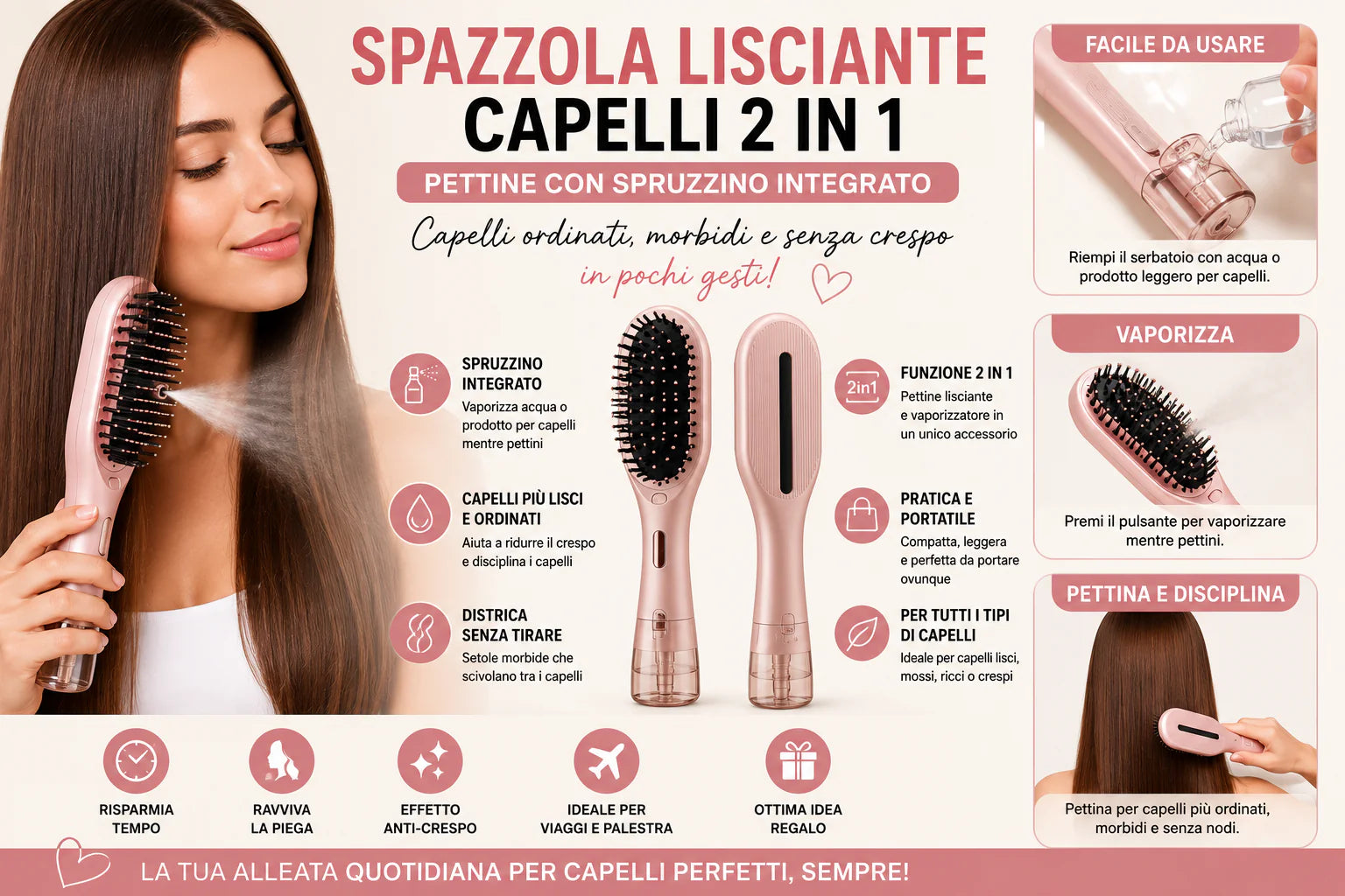 Spazzola lisciante capelli 2 in 1 con spruzzino integrato per capelli ordinati morbidi e senza crespo