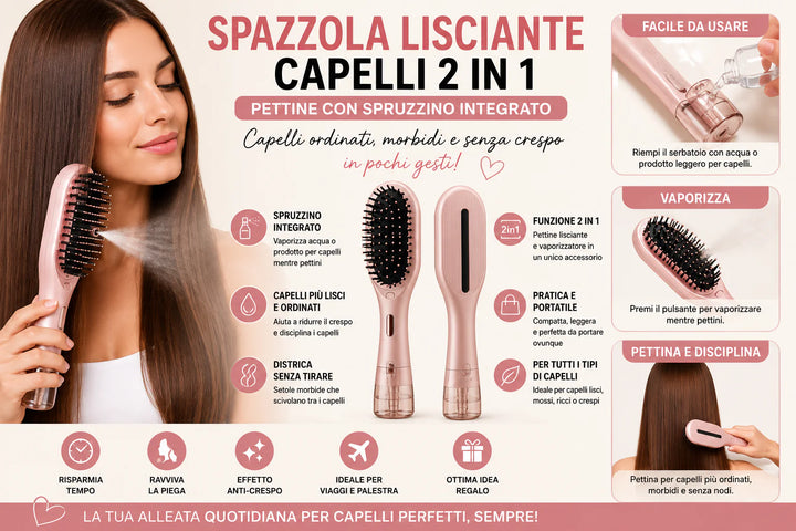 Spazzola lisciante capelli 2 in 1 con spruzzino integrato per capelli ordinati morbidi e senza crespo