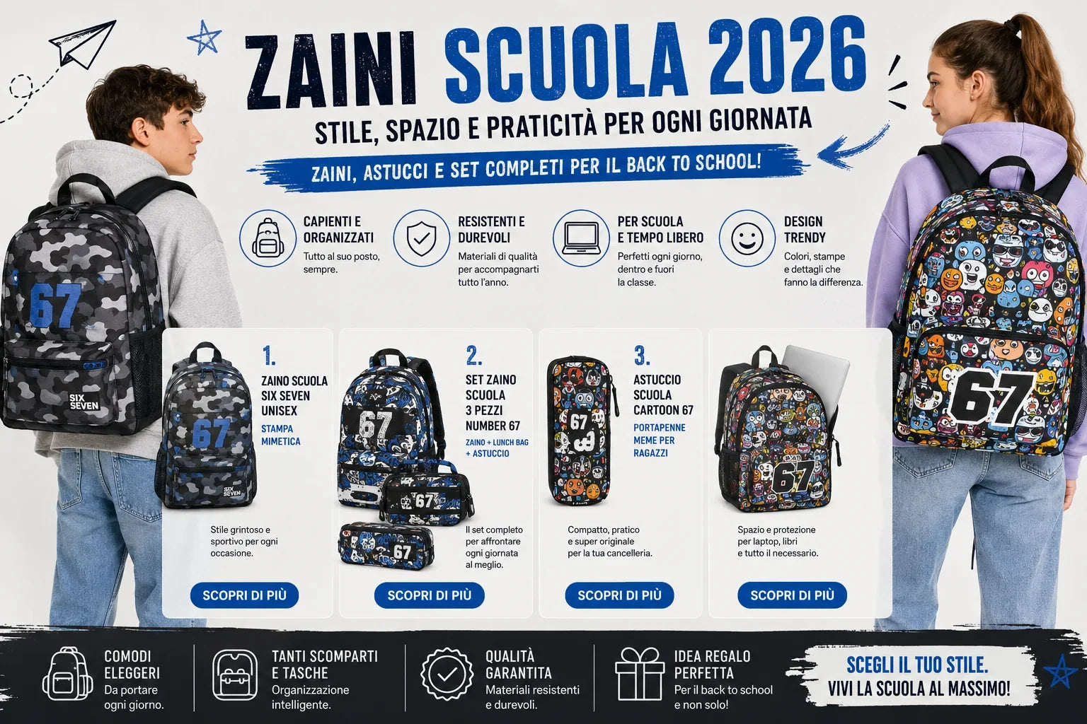 Zaini scuola 67 per ragazzi e ragazze con stampa mimetica cartoon astuccio e set completo back to school