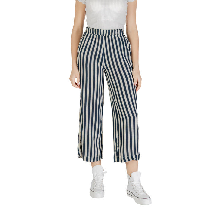Pantaloni da donna estivi a righe blu e bianche, in viscosa leggera, con tasche frontali.