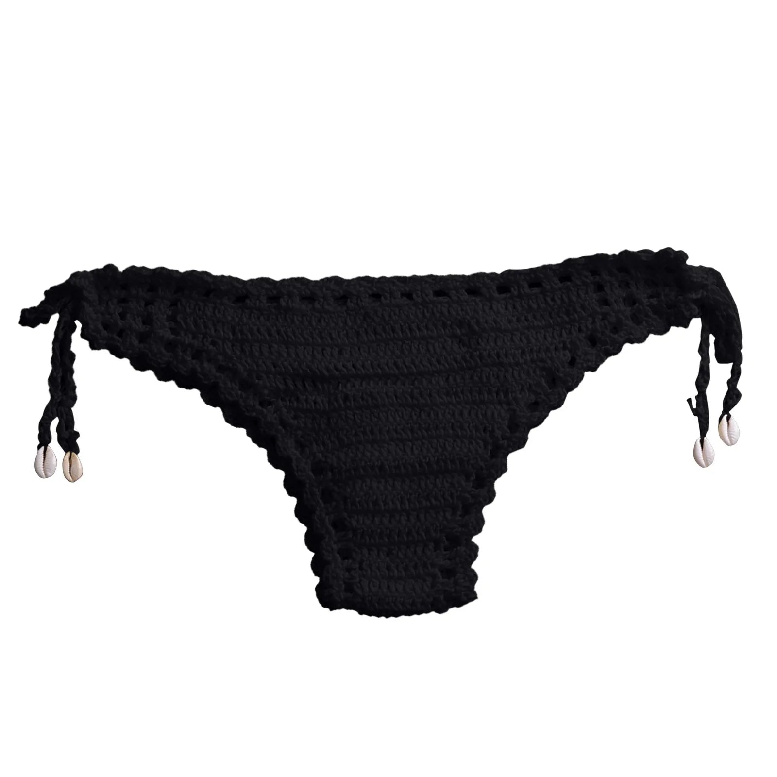 Bikini all’uncinetto micro brasiliano 2025, top triangolo con laccetti e slip con conchiglie laterali, disponibile in 8 colori vivaci, elegante e femminile.