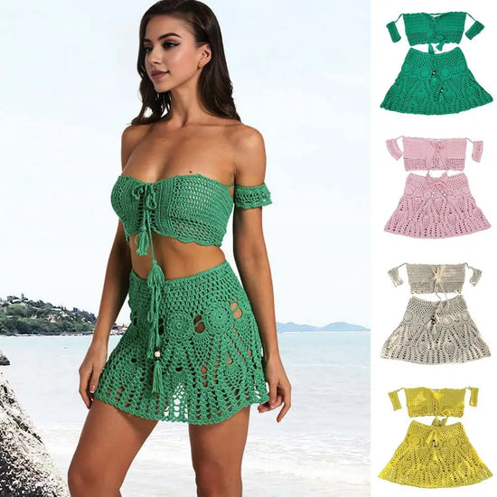  Bikini uncinetto 2025 off‑shoulder con gonnellino coordinato, design artigianale, texture crochet elegante.