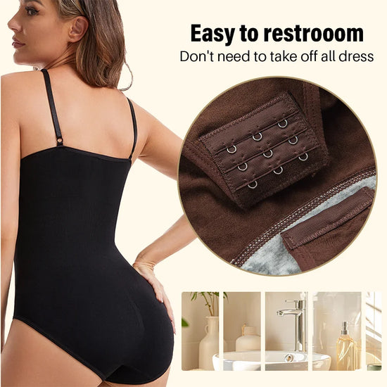 Body modellante donna in tessuto elastico e traspirante, senza cuciture, con compressione addominale e sostegno glutei. Disponibile in nude, nero, marrone.