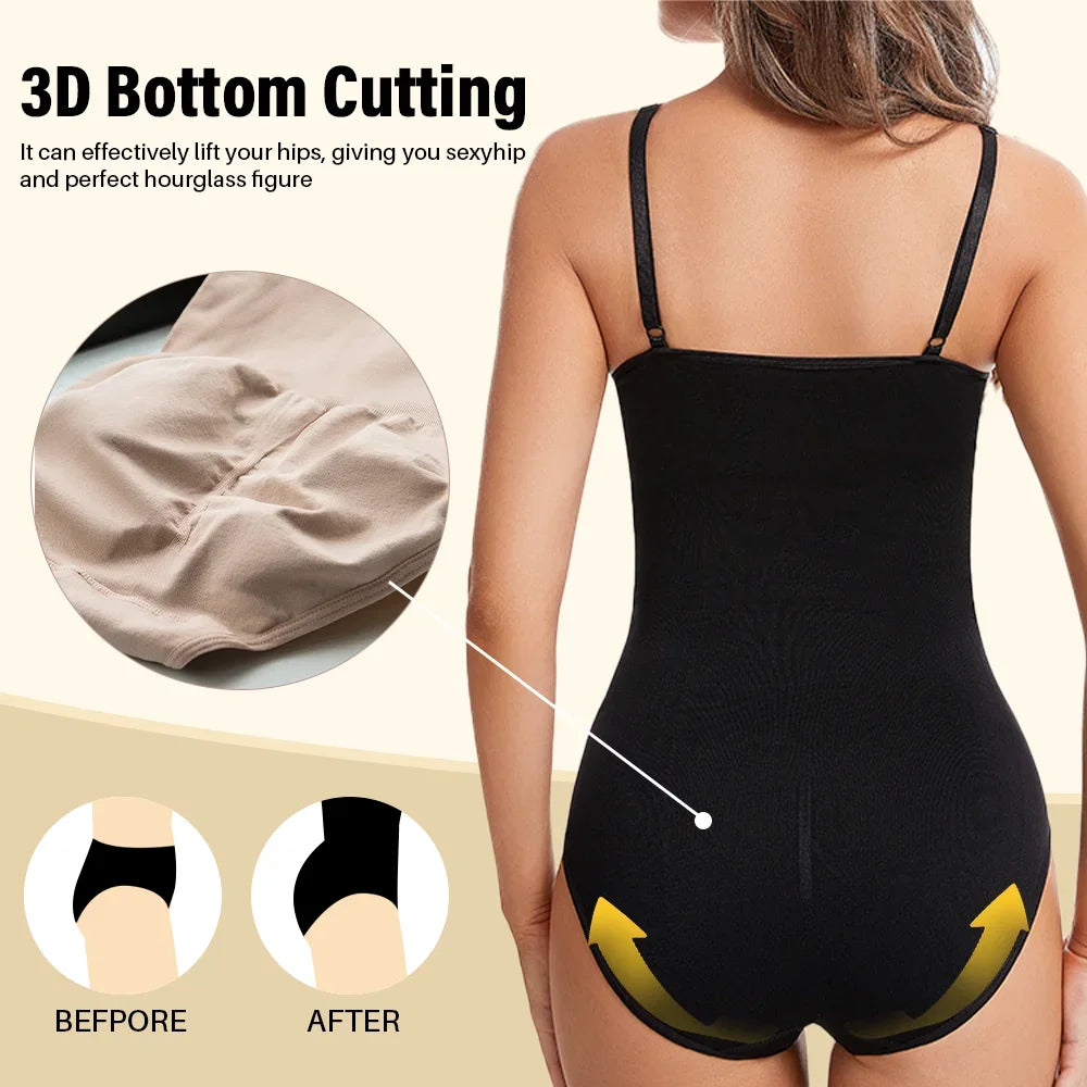 Body modellante donna in tessuto elastico e traspirante, senza cuciture, con compressione addominale e sostegno glutei. Disponibile in nude, nero, marrone.