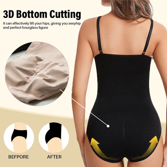 Body modellante donna in tessuto elastico e traspirante, senza cuciture, con compressione addominale e sostegno glutei. Disponibile in nude, nero, marrone.