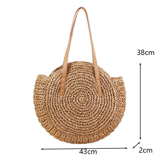 Borsa rotonda estiva in paglia intrecciata stile bohemien per donna