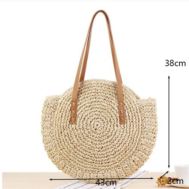 Borsa rotonda estiva in paglia intrecciata stile bohemien per donna