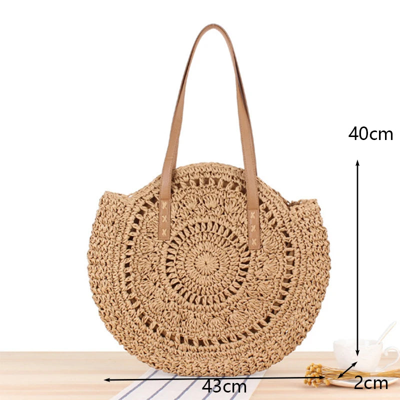 Borsa rotonda estiva in paglia intrecciata stile bohemien per donna