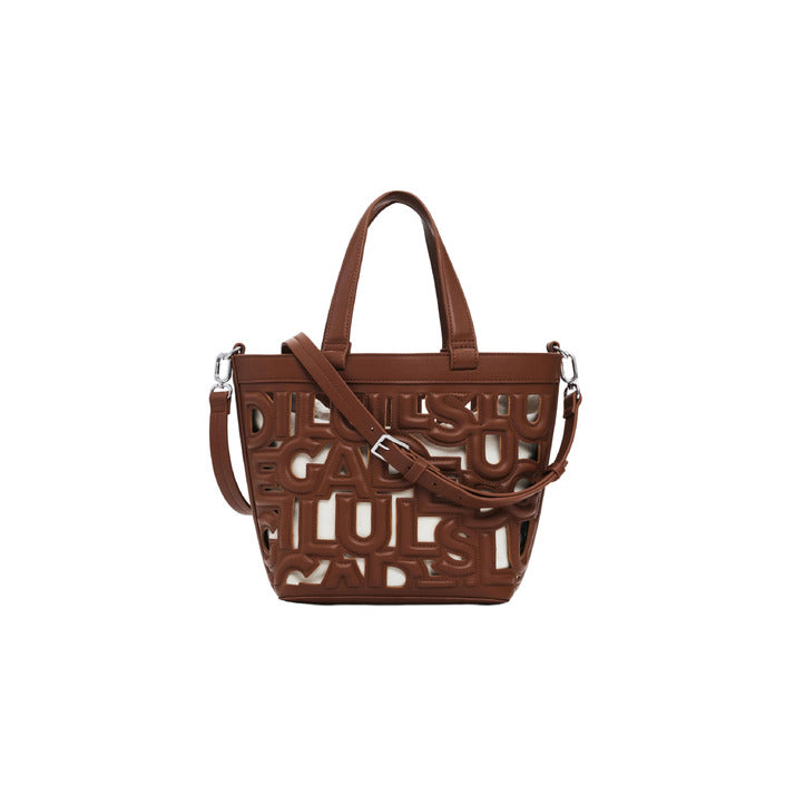 Borsa a spalla Desigual da donna in poliuretano, disponibile in marrone e nero, chiusura a lacci