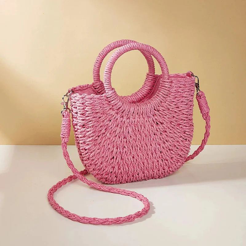 Borsa estiva in paglia intrecciata con manici rigidi e tracolla, perfetta per la spiaggia e il tempo libero