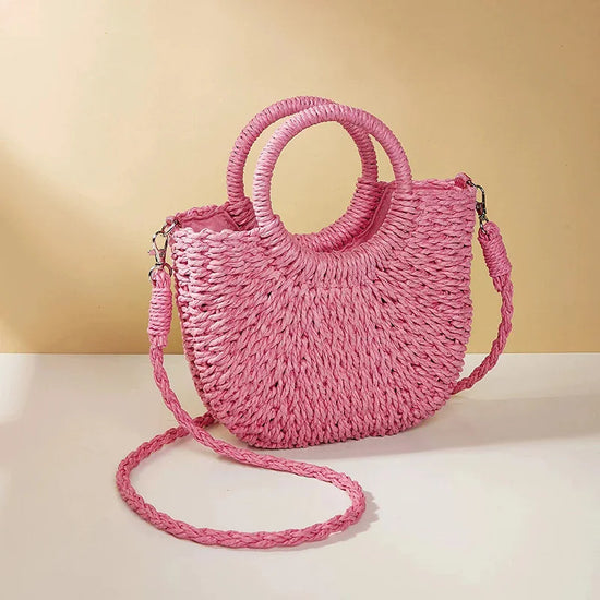Borsa estiva in paglia intrecciata con manici rigidi e tracolla, perfetta per la spiaggia e il tempo libero