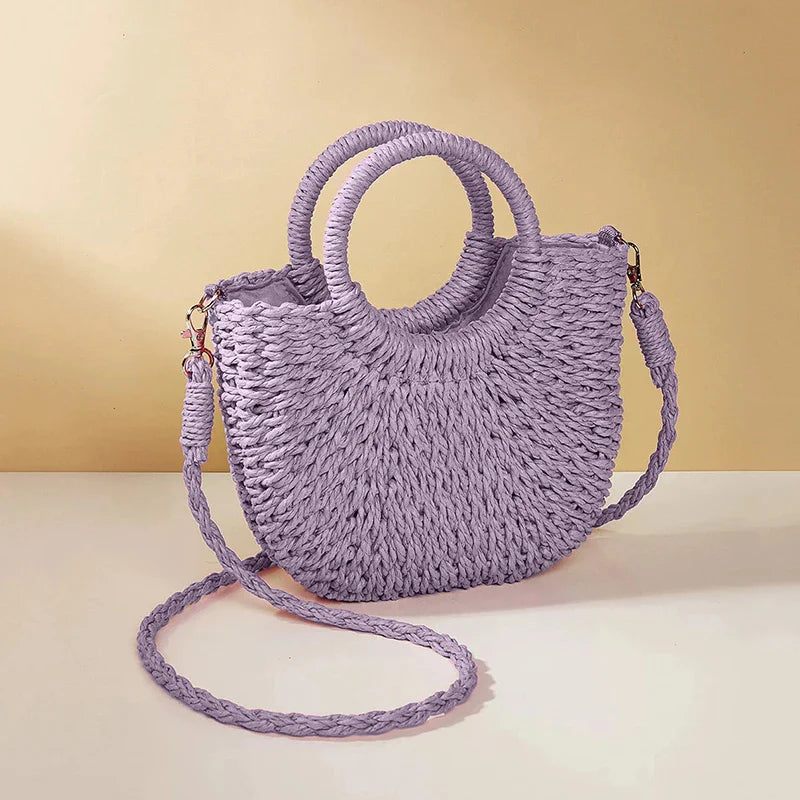 Borsa estiva in paglia intrecciata con manici rigidi e tracolla, perfetta per la spiaggia e il tempo libero