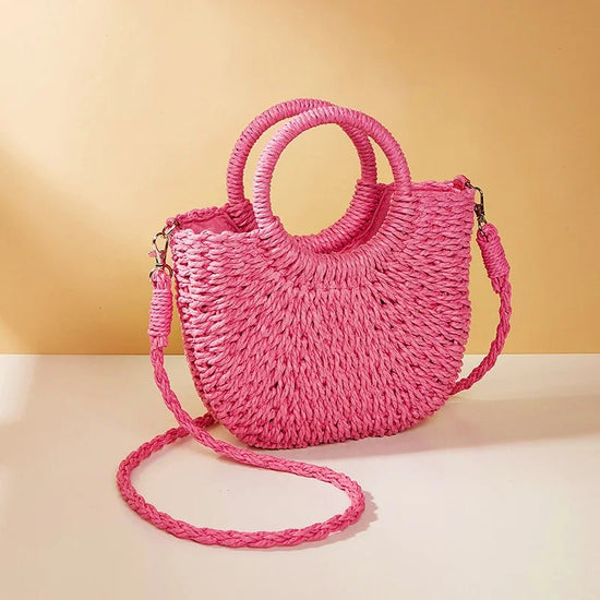Borsa estiva in paglia intrecciata con manici rigidi e tracolla, perfetta per la spiaggia e il tempo libero