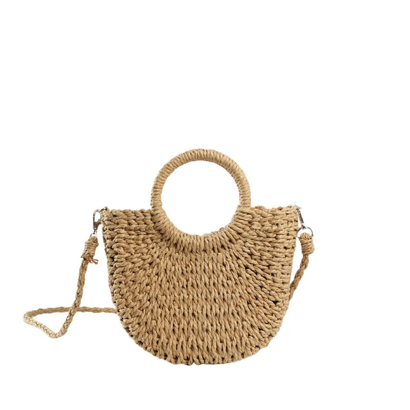 Borsa estiva in paglia intrecciata con manici rigidi e tracolla, perfetta per la spiaggia e il tempo libero