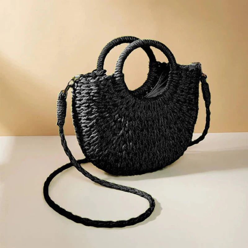 Borsa estiva in paglia intrecciata con manici rigidi e tracolla, perfetta per la spiaggia e il tempo libero
