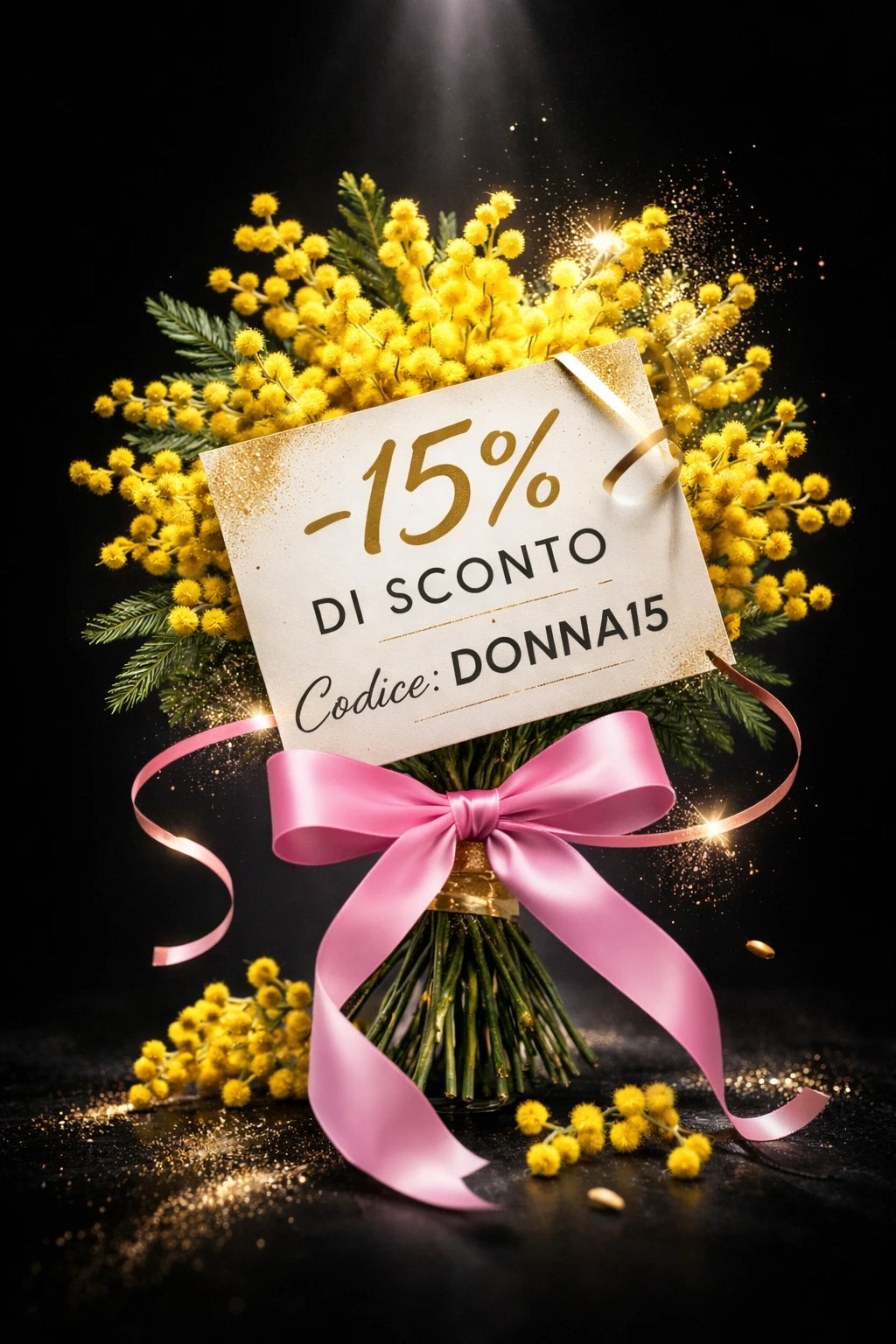 L'immagine raffigura un mazzo di mimose con un biglietto che permette alle nostre clienti di avere un codice sconto "DONNA15" per avere il 15% di sconto al check out 