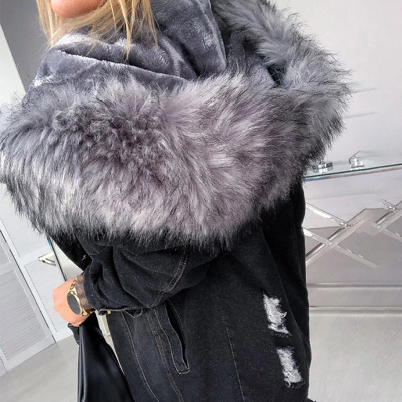Giacca denim donna con cappuccio e collo peluche – Giubbotto imbottito invernale oversize con interno caldo