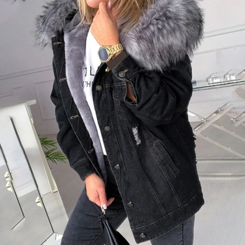Giacca denim donna con cappuccio e collo peluche – Giubbotto imbottito invernale oversize con interno caldo