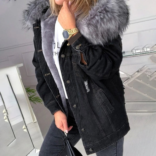 Giacca denim donna con cappuccio e collo peluche – Giubbotto imbottito invernale oversize con interno caldo