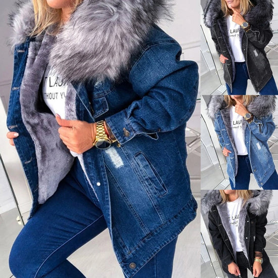 Giacca denim donna con cappuccio e collo peluche – Giubbotto imbottito invernale oversize con interno caldo