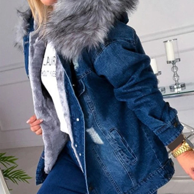 Giacca denim donna con cappuccio e collo peluche – Giubbotto imbottito invernale oversize con interno caldo