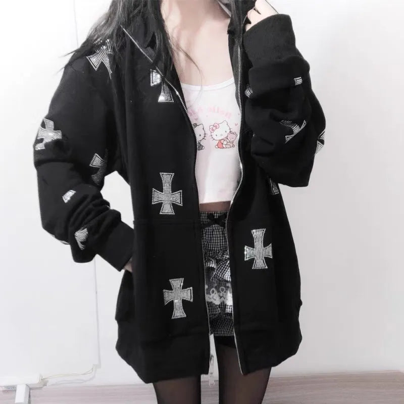 Felpa con cappuccio, zip e strass stile Y2K