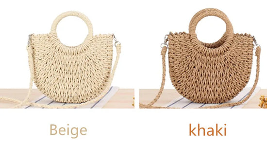Borsa paglia intrecciata semicircolare con manici rotondi – Beige e Khaki