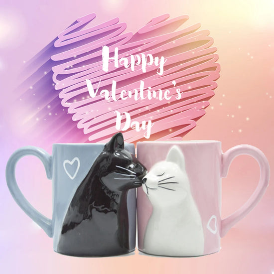Set 2 Tazze Ceramica con Gatti che Si Baciano – Regalo Romantico per Coppie San Valentino