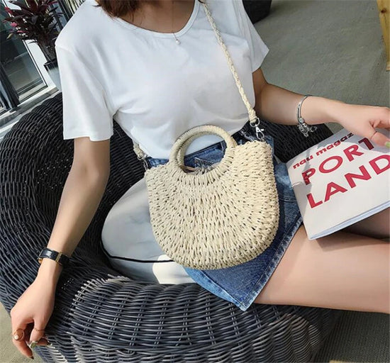 Borsa paglia intrecciata semicircolare con manici rotondi – Beige e Khaki