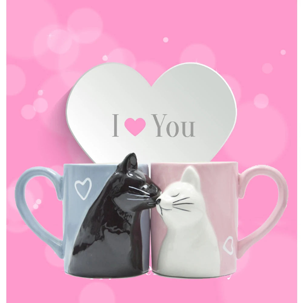 Set 2 Tazze Ceramica con Gatti che Si Baciano – Regalo Romantico per Coppie San Valentino