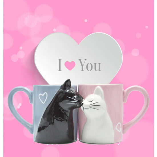 Set 2 Tazze Ceramica con Gatti che Si Baciano – Regalo Romantico per Coppie San Valentino