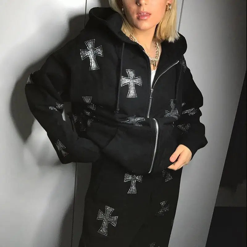 Felpa con cappuccio, zip e strass stile Y2K