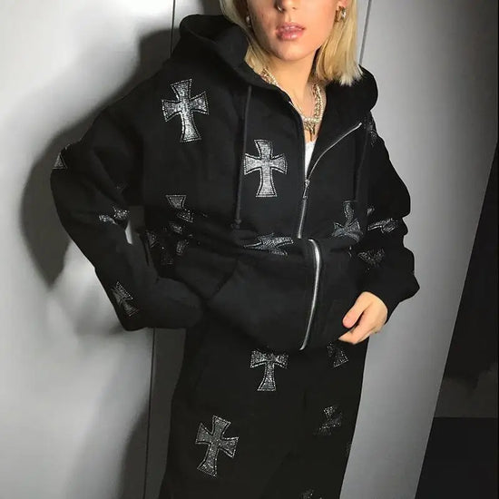 Felpa con cappuccio, zip e strass stile Y2K