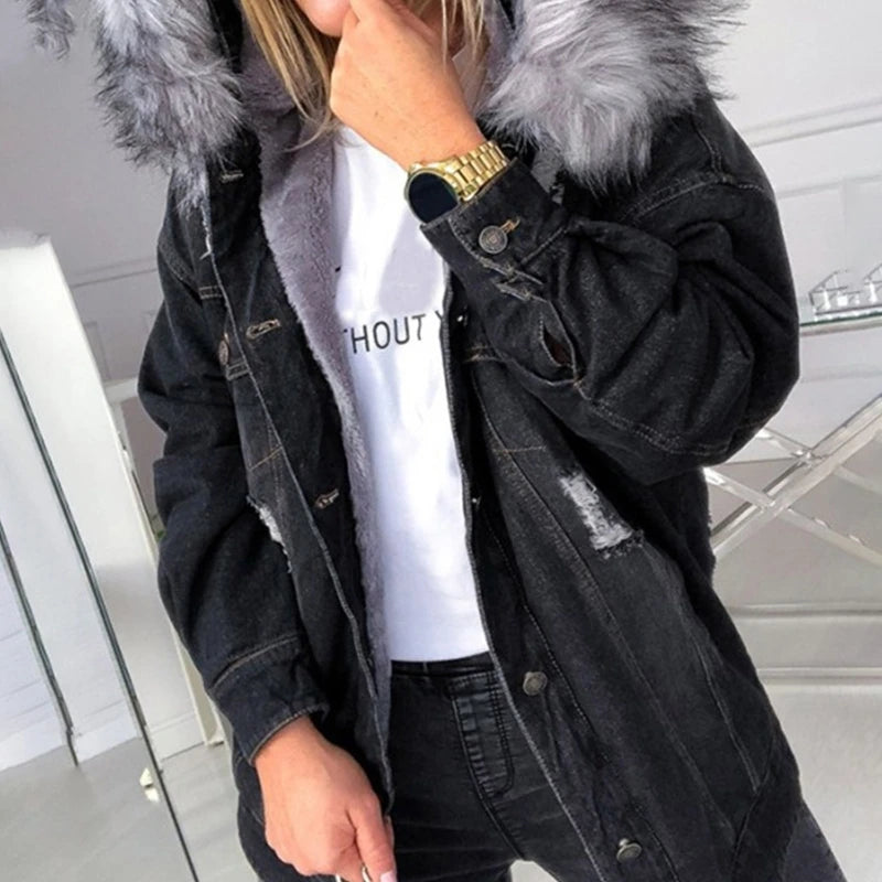 Giacca denim donna con cappuccio e collo peluche – Giubbotto imbottito invernale oversize con interno caldo