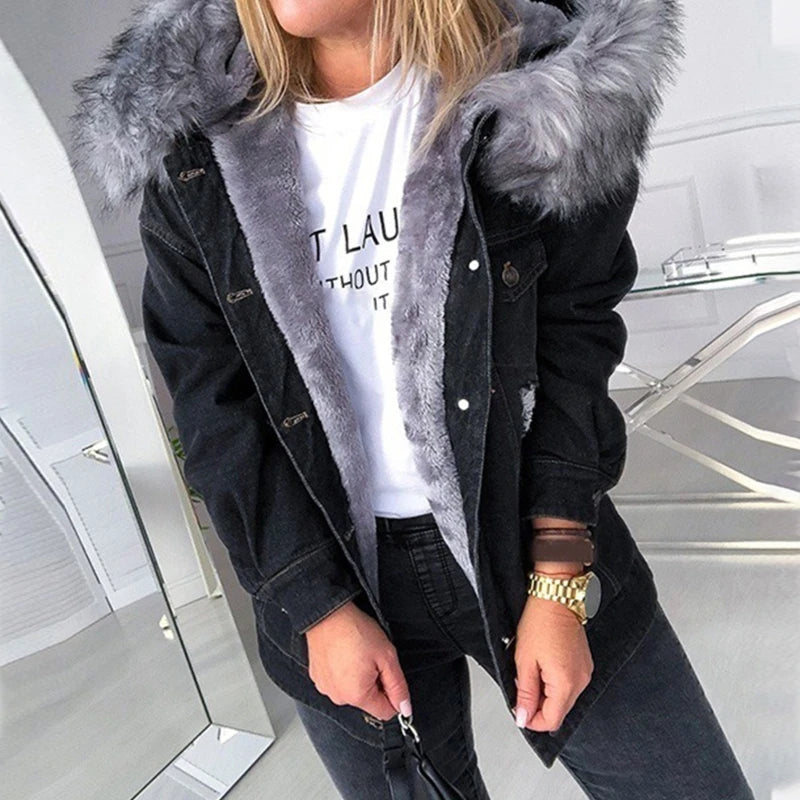 Giacca denim donna con cappuccio e collo peluche – Giubbotto imbottito invernale oversize con interno caldo