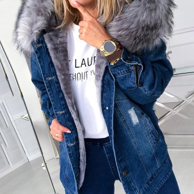 Giacca denim donna con cappuccio e collo peluche – Giubbotto imbottito invernale oversize con interno caldo
