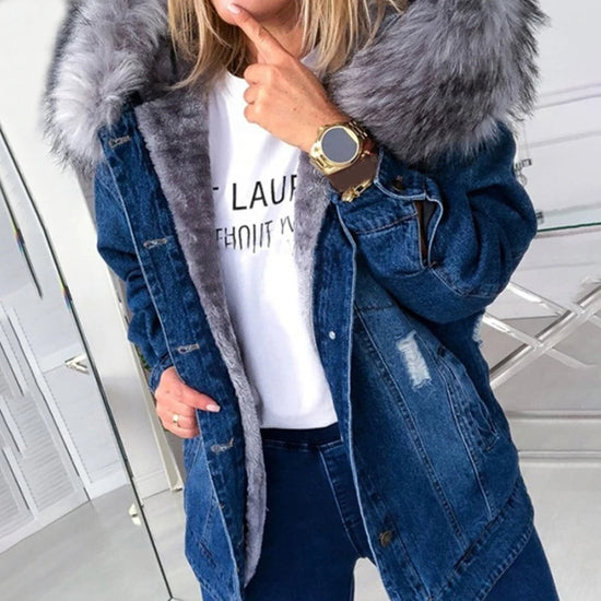 Giacca denim donna con cappuccio e collo peluche – Giubbotto imbottito invernale oversize con interno caldo