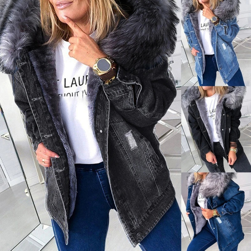 Giacca denim donna con cappuccio e collo peluche – Giubbotto imbottito invernale oversize con interno caldo