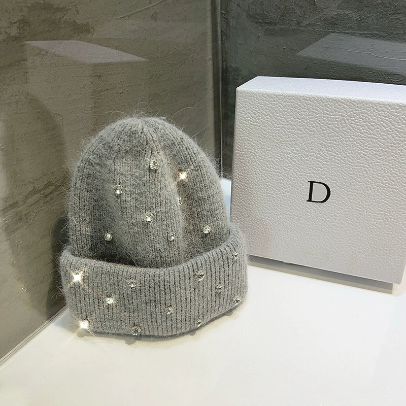 Cappello invernale con strass e pelliccia – Berretto a maglia con perline lucenti per donna, caldo e fashion