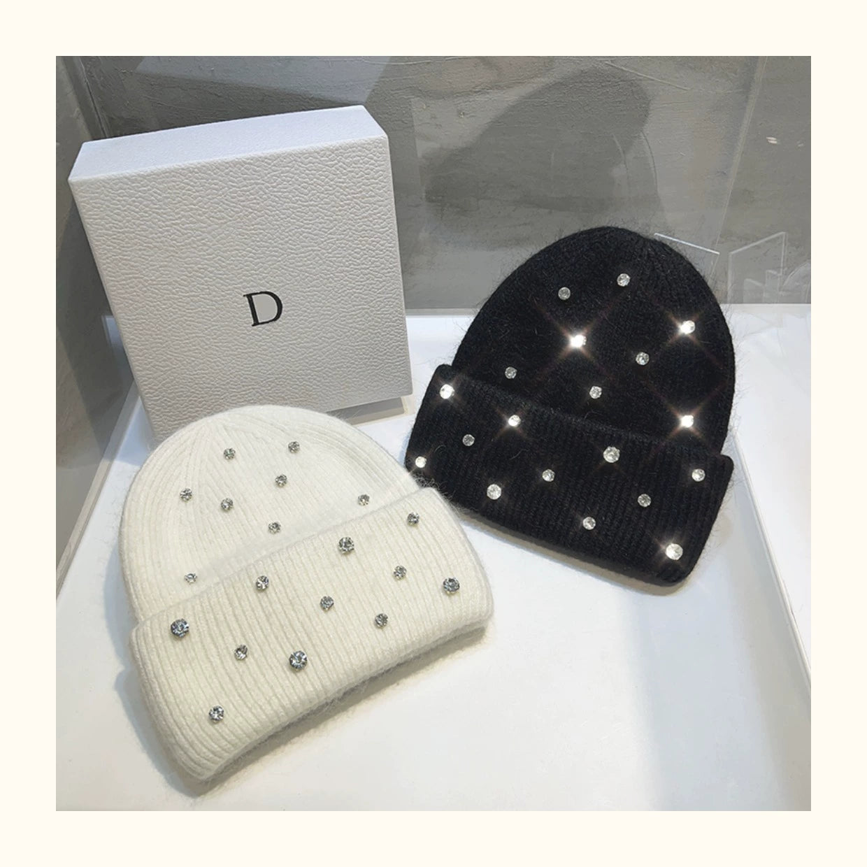 Cappello invernale con strass e pelliccia – Berretto a maglia con perline lucenti per donna, caldo e fashion