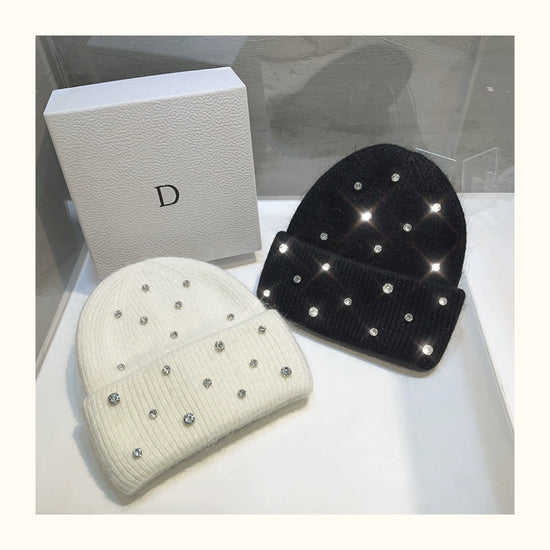 Cappello invernale con strass e pelliccia – Berretto a maglia con perline lucenti per donna, caldo e fashion