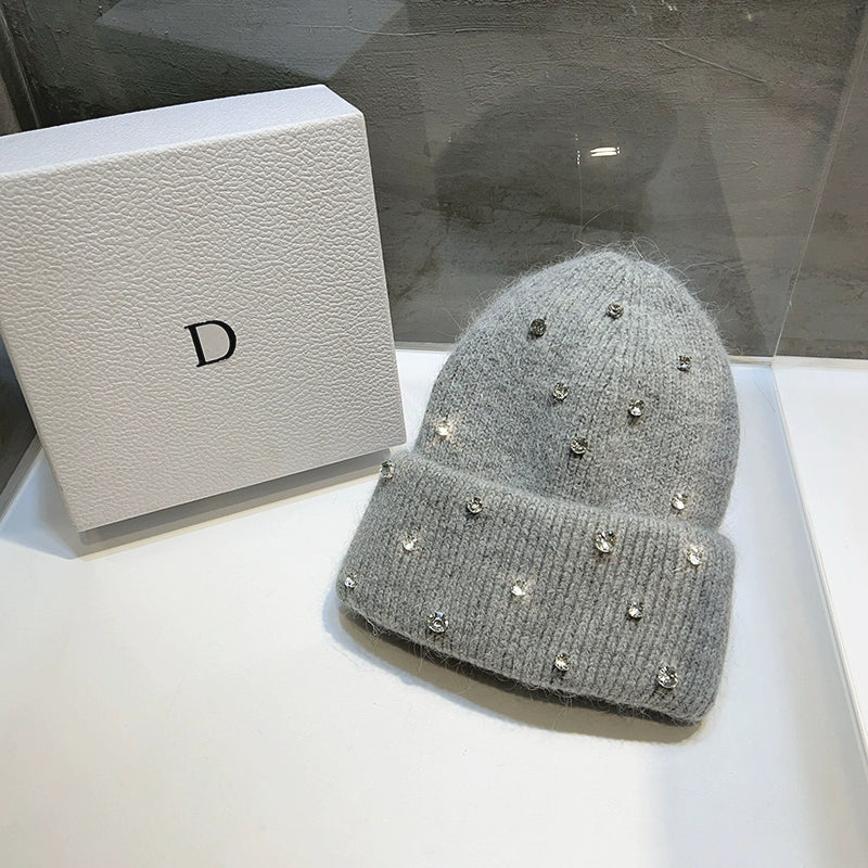 Cappello invernale con strass e pelliccia – Berretto a maglia con perline lucenti per donna, caldo e fashion