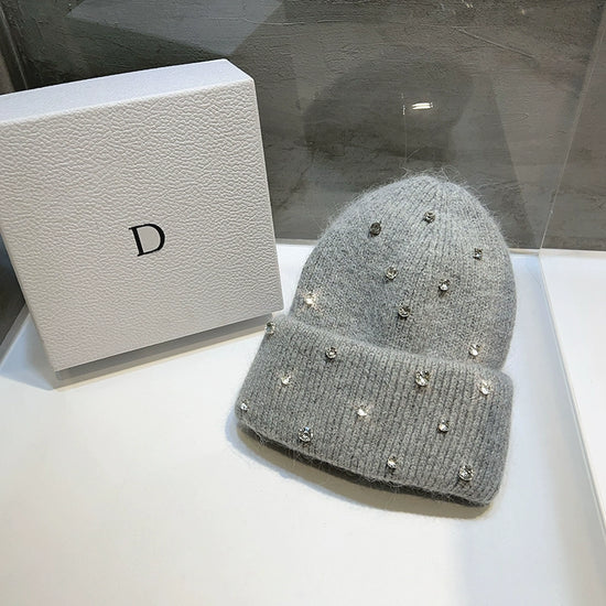 Cappello invernale con strass e pelliccia – Berretto a maglia con perline lucenti per donna, caldo e fashion