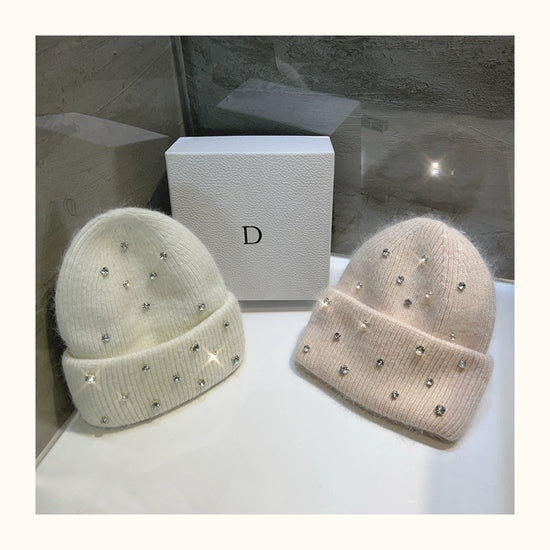 Cappello invernale con strass e pelliccia – Berretto a maglia con perline lucenti per donna, caldo e fashion