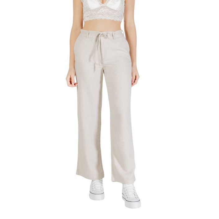Pantaloni donna beige primavera estate in lino e viscosa, con zip, bottone e tasche anteriori.

