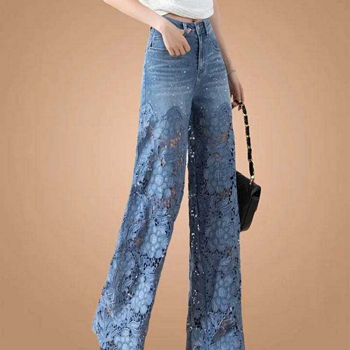 Jeans Y2K donna vita altissima 2025 – denim wide-leg con patchwork e pizzo traforato, stile vintage lace patchwork