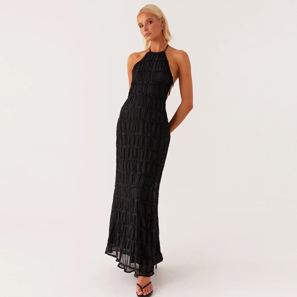 Abito Lungo Donna con Schiena Scoperta e Pieghe – Vestito Elegante Lotus Leaf 2026
