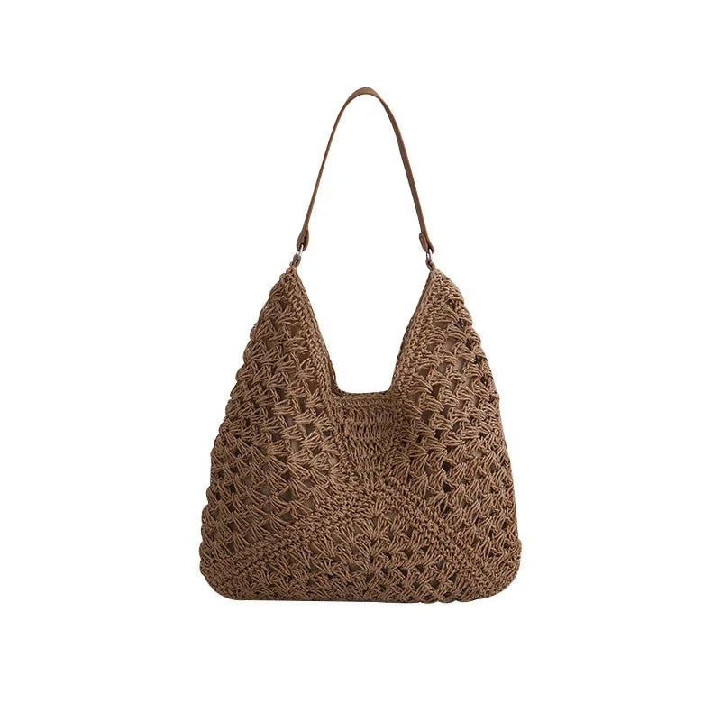Borsa in paglia intrecciata traforata – straw hollow-out shoulder bag con tasca per smartphone, ideale per viaggio e shopping
