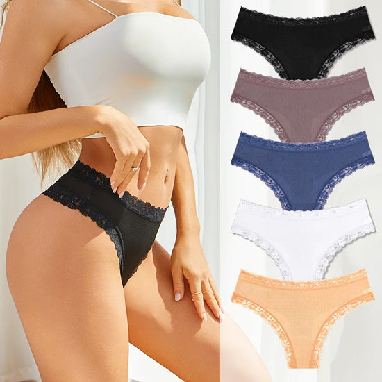 Set 5 pezzi perizomi donna vita media contrasto pizzo floreale – mutandine traspiranti sexy low-waist da S a XXL